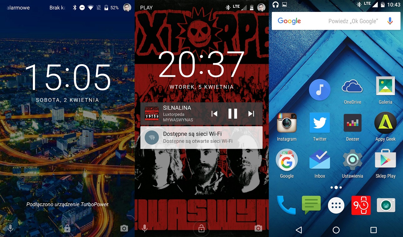 Ekran blokady, ekran blokady przy odtwarzaniu muzyki, ekran główny - Lenovo Moto X Play XT1562 - recenzja 90sekund.pl