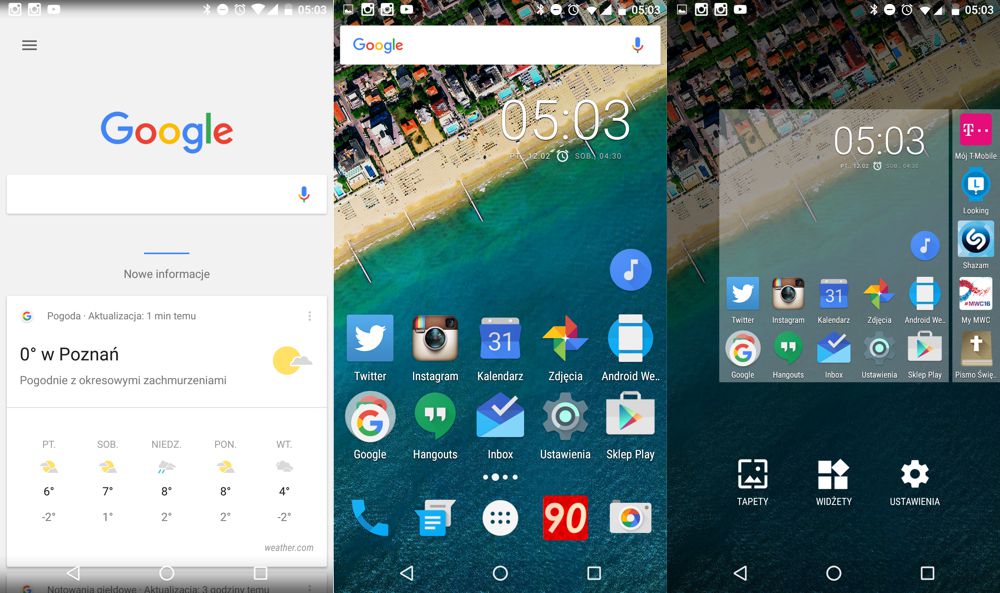 Test i recenzja LG Nexus 5X (LGH791) - Wygląd ekranu głównego: od lewej Google Now, pulpit centralny i pulpit centralny po przytrzymaniu nań palca w celu personalizacji - 90sekund.pl