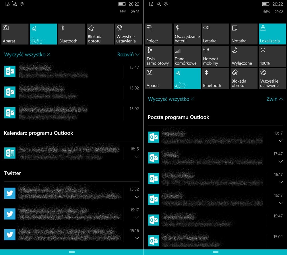 Microsoft Lumia 950XL - wygląd powiadomień przed i po rozwinięciu górnej belki - 90sekund.pl