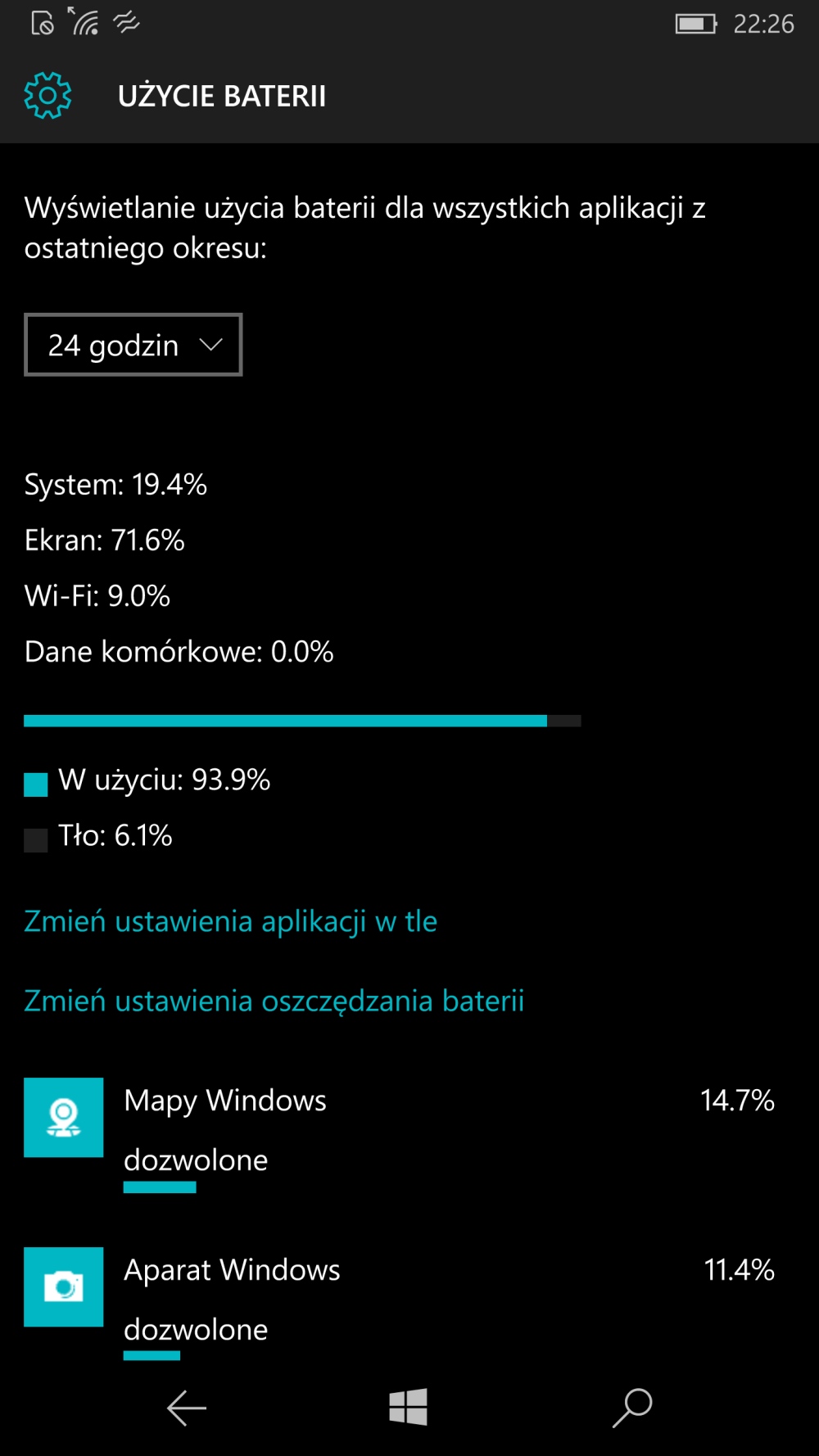 Microsoft Lumia 950XL - użycie baterii - 90sekund.pl