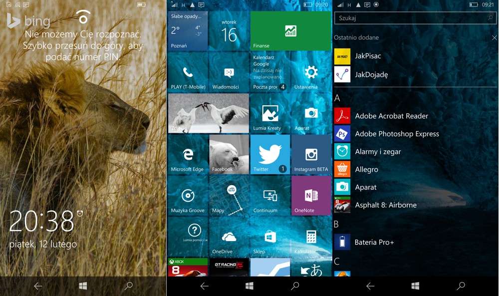 Microsoft Lumia 950XL - od lewej: ekran blokady, ekran Start, menu z aplikacjami - 90sekund.pl