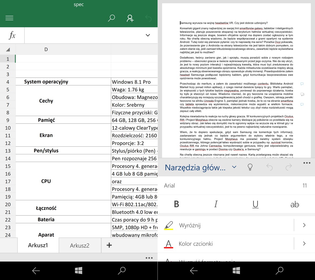Microsoft Lumia 950XL - Excel i Word - wbrew pozorom pracuje się z nimi na smartfonie całkiem dobrze - 90sekund.pl