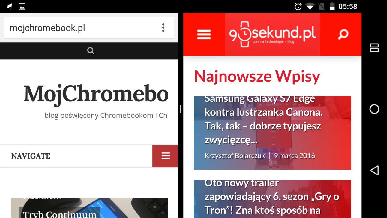 Tryb Multi-window na Motorola Nexusie 6. Tutaj sąsiadują ze sobą moje dwa blogi :) - 90sekund.pl