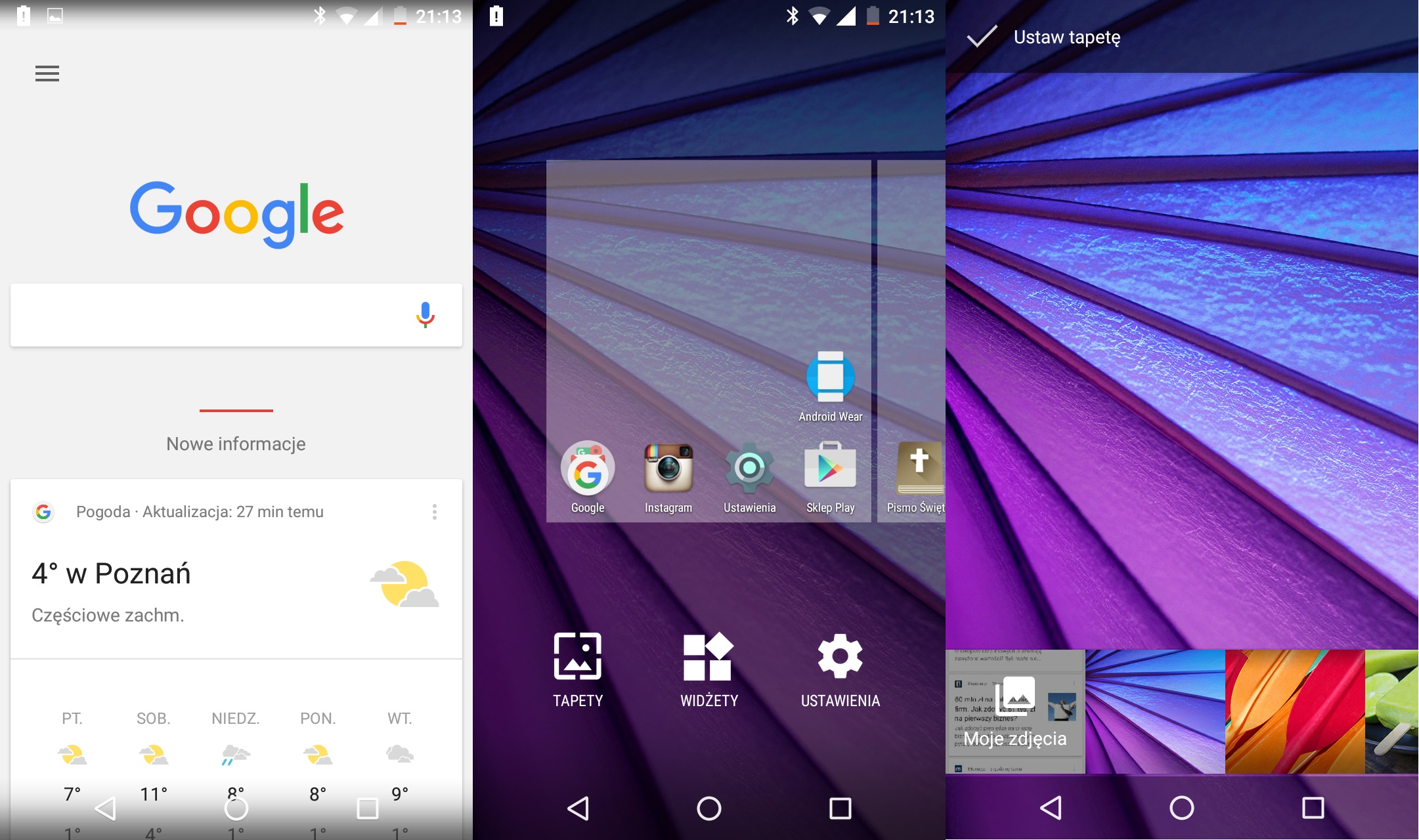Lenovo Motorola Moto G 3-gen. (2015) - Od lewej: Google Now, ekran startowy, zmiana tapety - 90sekund.pl