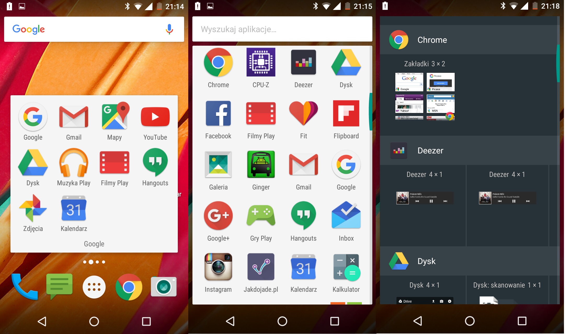 Lenovo Motorola Moto G 3-gen. (2015) - Od lewej: ekran startowy z apkami Google, menu aplikacji, wybór widgetów - 90sekund.pl