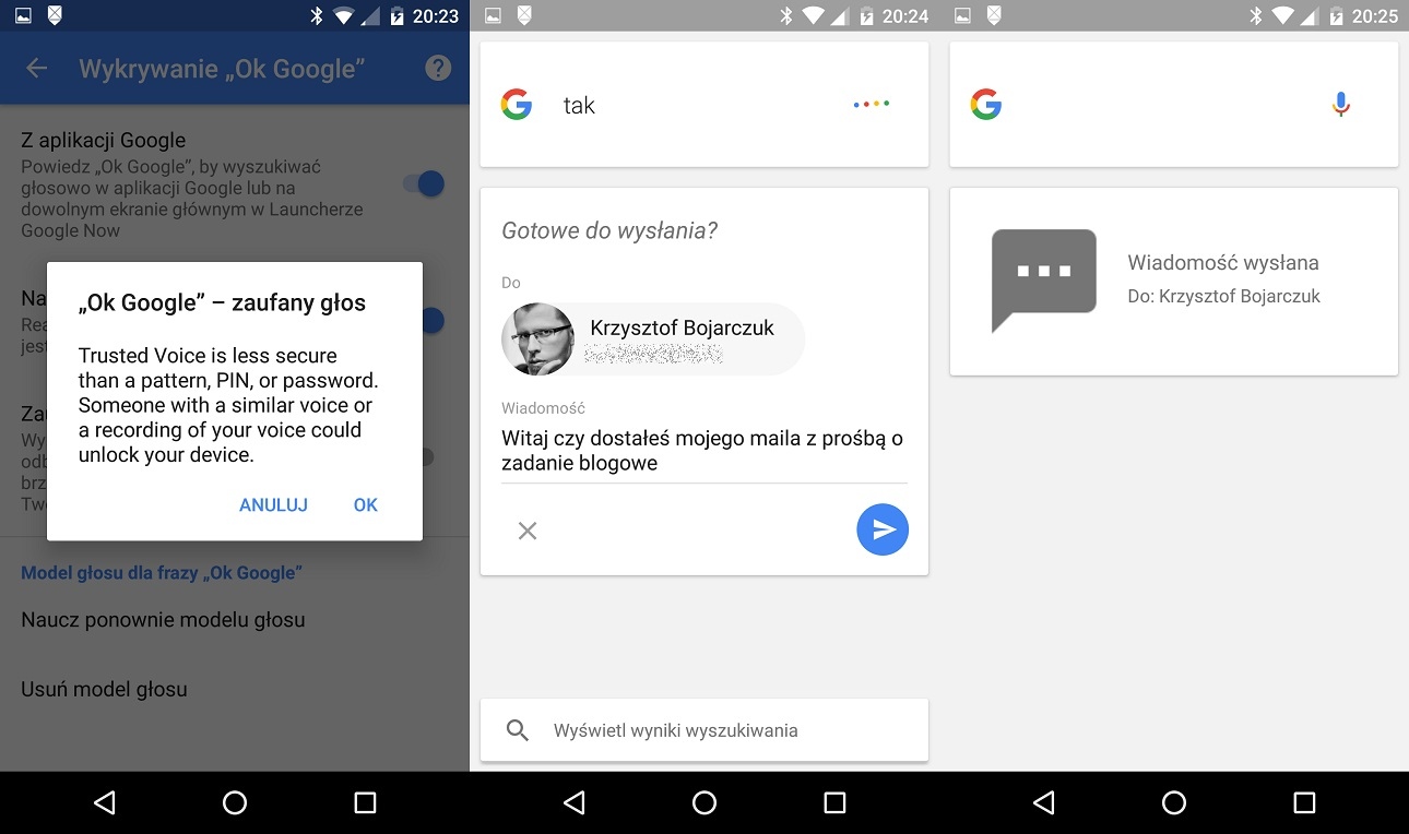 Aplikacja Moto pozwala wysłać wiadomośc do konkretnego kontaktu korzystając z Google Now w Lenovo Moto X Play XT1562 - recenzja 90sekund.pl