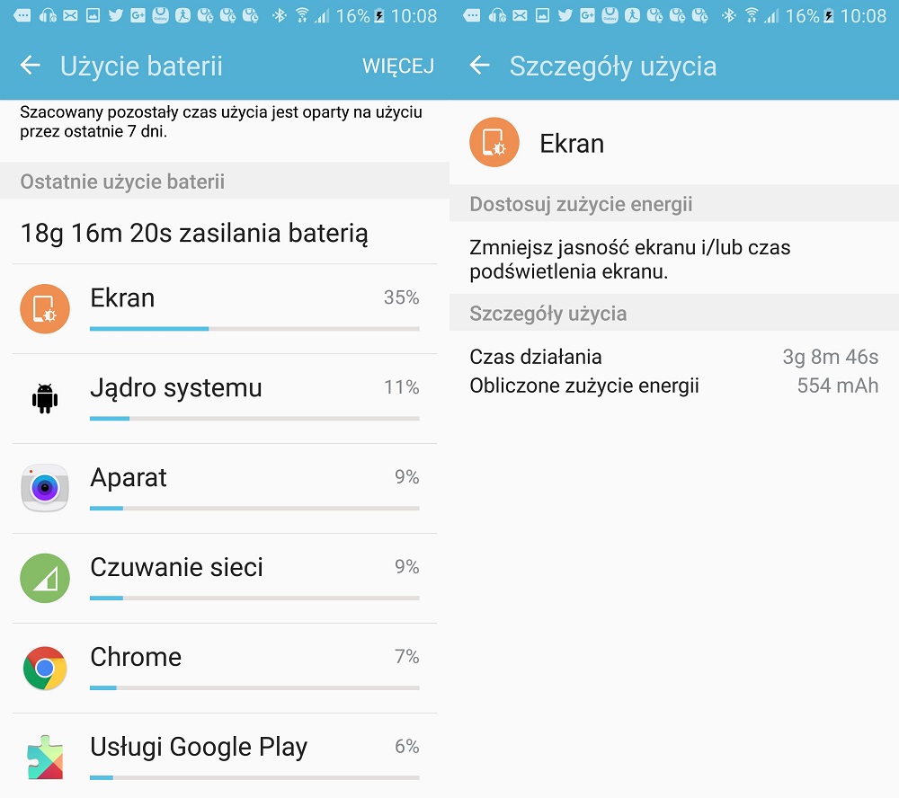 Użycie baterii w Samsungu Galaxy S7 SM-G930 - recenzja 90sekund.pl