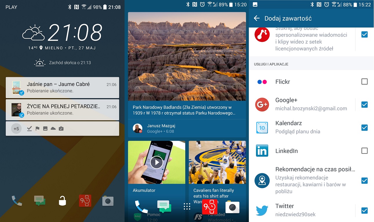 Od lewej - zablokowany ekran HTC 10, Blink Feed widoczny po lewej stronie od pulpitu głównego oraz społecznościowe ustawienia News Republic - recenzja 90sekund.pl