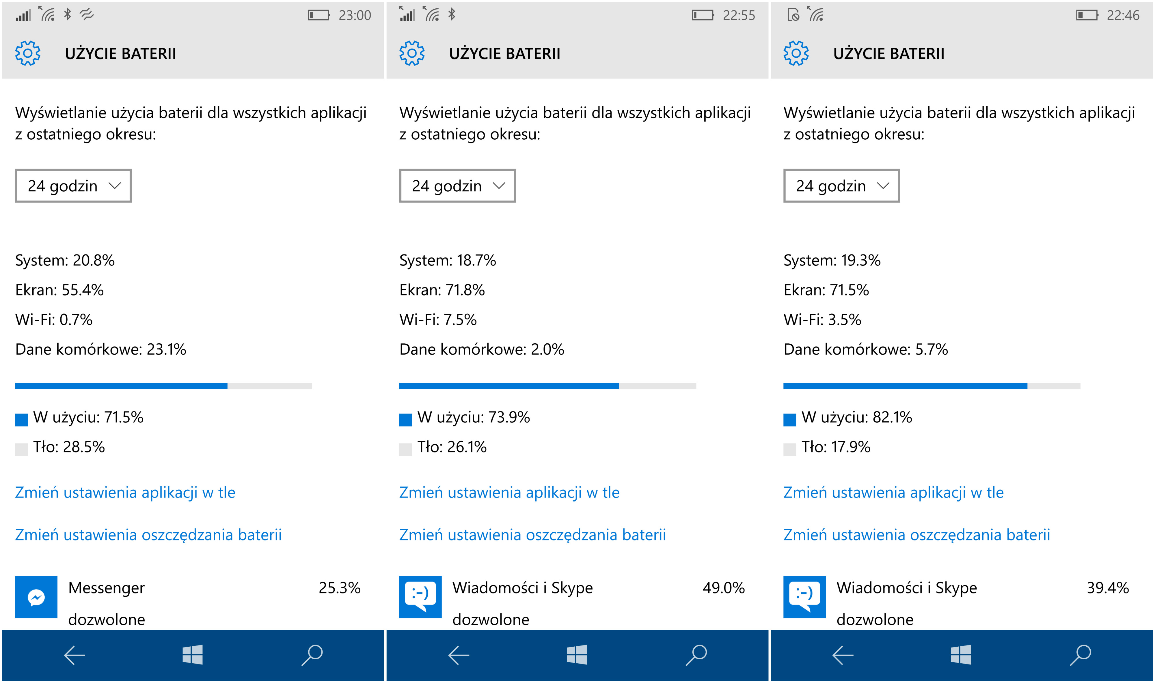 Microsoft Lumia 950 - Przykładowe zużycie baterii - 90sekund.pl