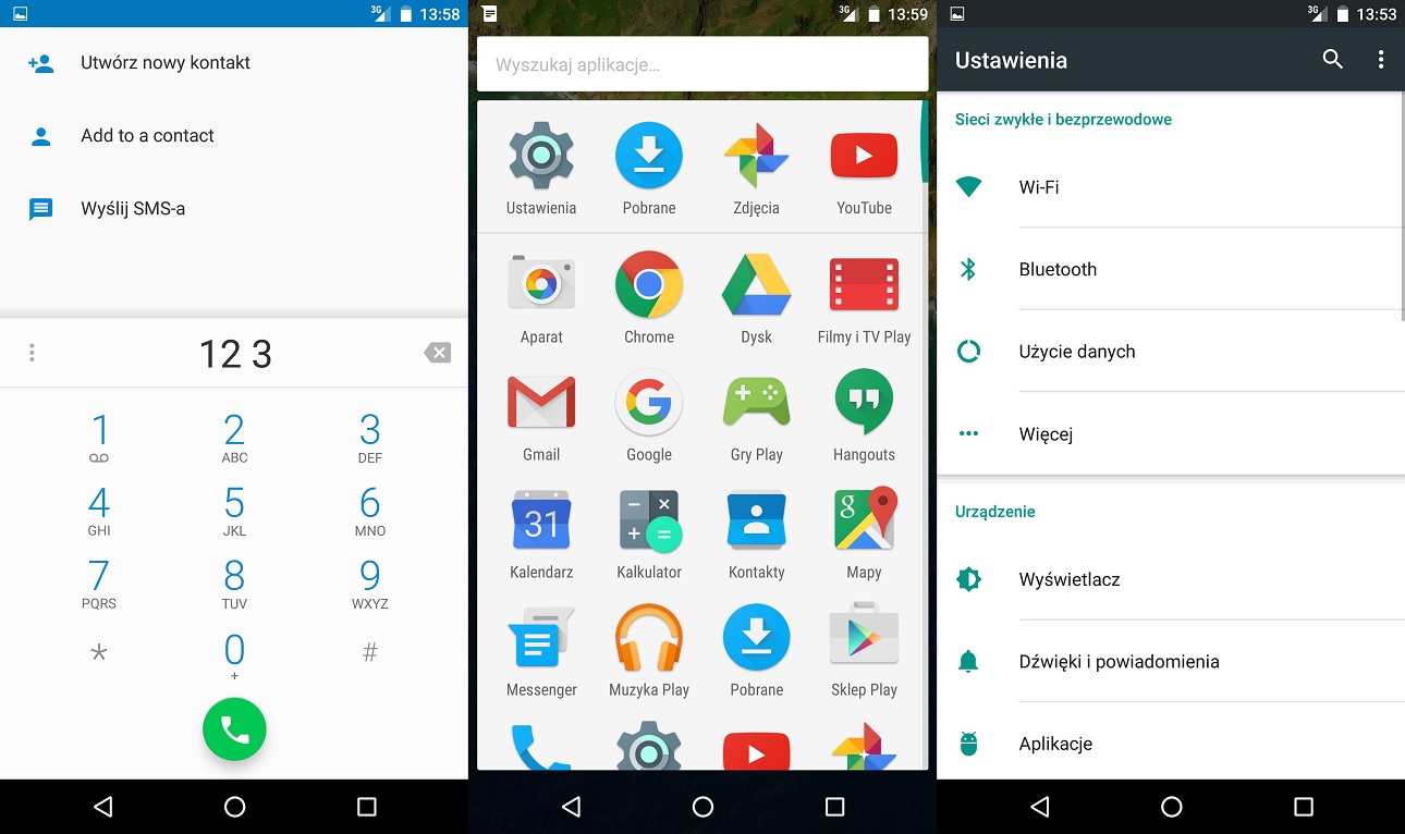 Huawei Nexus 6 - tak wygląda system Android w swojej najczystszej postaci. Od lewej - dialer, menu z aplikacjami, menu Ustawień - recenzja 90sekund.pl
