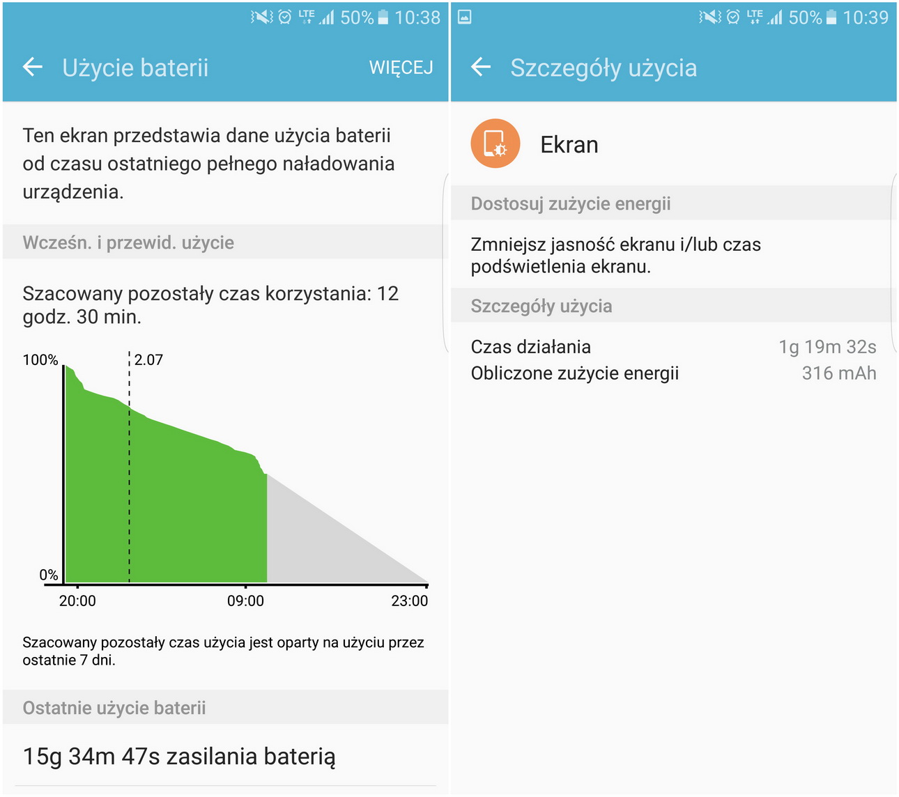 Samsung Galaxy S7 (SM-G935) Przykładowe zużycie baterii - recenzja 90sekund.pl