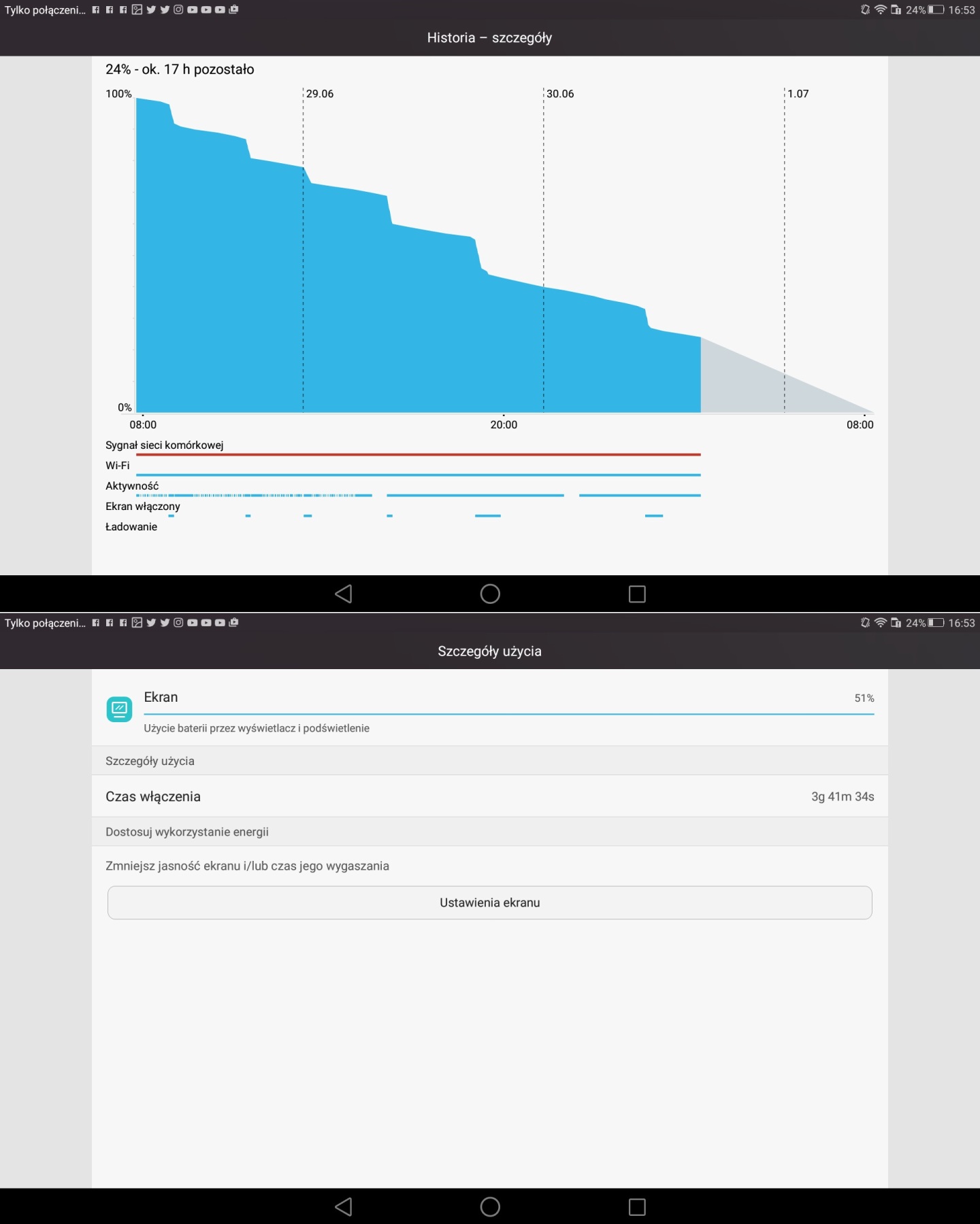 Huawei MediaPad 10 M2 (A01L) - przykładowy czas pracy na baterii - recenzja 90sekund.pl