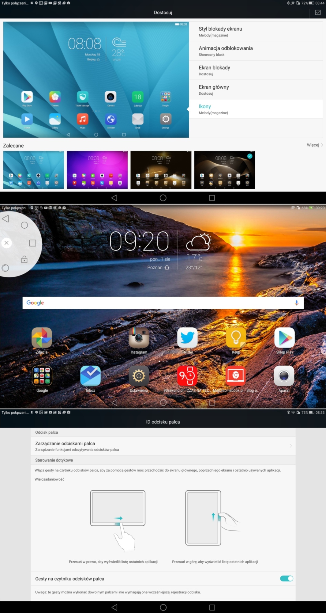 Huawei MediaPad 10 M2 (A01L) - Od góry: personalizacja, wygląd i motywy, później Przycisk Wiszący oraz na końcu zastosowania czytnika linii papilarnych - recenzja 90sekund.pl